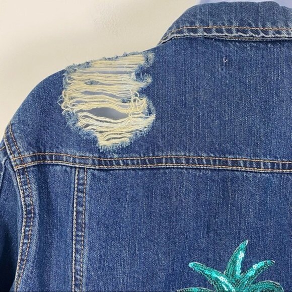 MARCI Distressed Denim Jean Trucker Jacket Sequin Pineapple Back Size Medium - Picture 7 of 9